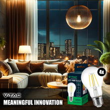 Carica l'immagine nel visualizzatore di Gallery, V-TAC 4x Lampadina LED Filamento attacco E27 - [Alta Efficienza 6W ] - A60-600 Lumen - (Equivalenti a 45W) - Lampadine a