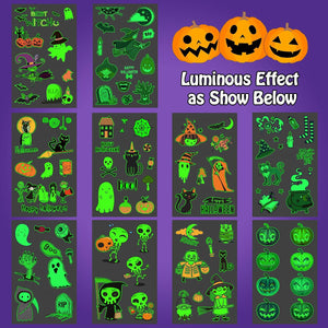 Leesgel Halloween Decorazioni, 10 Fogli Fluorescenti Tatuaggi per Bambini Scheletro/Strega/Zucche/Fantasma, Adesivi Gadget Festa Compleanno Accessori Party