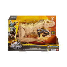 Carica l'immagine nel visualizzatore di Gallery, Mattel Jurassic World - T-Rex Caccia e Divora, dinosauro action figure con azione d'attacco doppio morso, suoni e attrezzatura di tracciamento, giocattolo per bambini, 4+ anni, HNT62