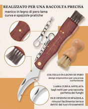 Carica l'immagine nel visualizzatore di Gallery, Coltello per Funghi con Spazzola, Kit 2 Pezzi in Legno di Pero e Zucca Naturale, Lama Curva Affilata per Raccolta Sosten