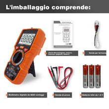 Carica l'immagine nel visualizzatore di Gallery, Multimetro digitale con 6000 conteggi, Amperemetro Ohmmetro Voltmetro TRMS, Misura la resistenza alla corrente di tensione Diodo Continuità Temperatura Frequenza NCV con display LCD e torcia elettrica