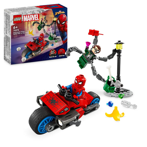 LEGO Marvel Inseguimento Sulla Moto: Spider-Man vs. Doc Ock, Motocicletta Giocattolo da Costruire per Bambini e Bambine da 6 Anni in su con Shooter e Spara Ragnatele, Idea Regalo di Compleanno 76275