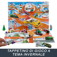 Carica l'immagine nel visualizzatore di Gallery, Hot Wheels - Calendario dell'Avvento 2024, 24 finestrelle numerate con sorprese e Tappetino di Gioco, 8 macchinine e 16 Accessori a Tema Invernale, Giocattolo per Bambini, 3+ Anni, HTG00