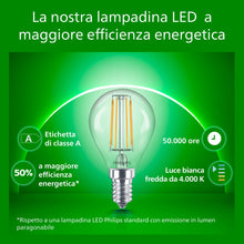 Carica l'immagine nel visualizzatore di Gallery, Philips Classic ultra-efficient LED bulb with energy efficiency class A, E14 base, replaces 40W, clear, warm white light