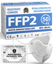 Carica l&#39;immagine nel visualizzatore di Gallery, ADESTE - 50 Mascherine FFP2 Bianche Certificate CE, Filiera controllata, anallergiche, con elastici comodi e resistenti. Sicura: capacità filtrante &gt;99,5%, Buste singole sigillate.