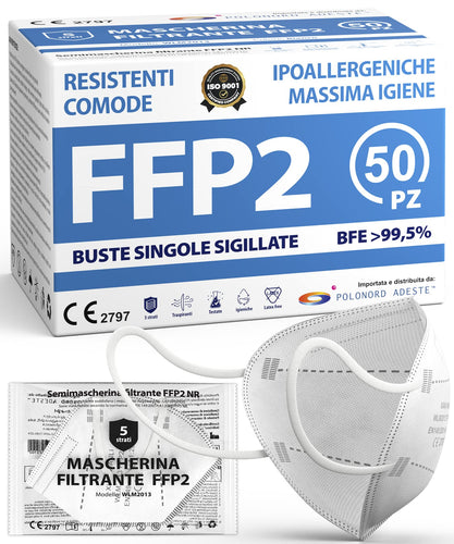 ADESTE - 50 Mascherine FFP2 Bianche Certificate CE, Filiera controllata, anallergiche, con elastici comodi e resistenti. Sicura: capacità filtrante >99,5%, Buste singole sigillate.