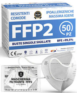 ADESTE - 50 Mascherine FFP2 Bianche Certificate CE, Filiera controllata, anallergiche, con elastici comodi e resistenti. Sicura: capacità filtrante >99,5%, Buste singole sigillate.