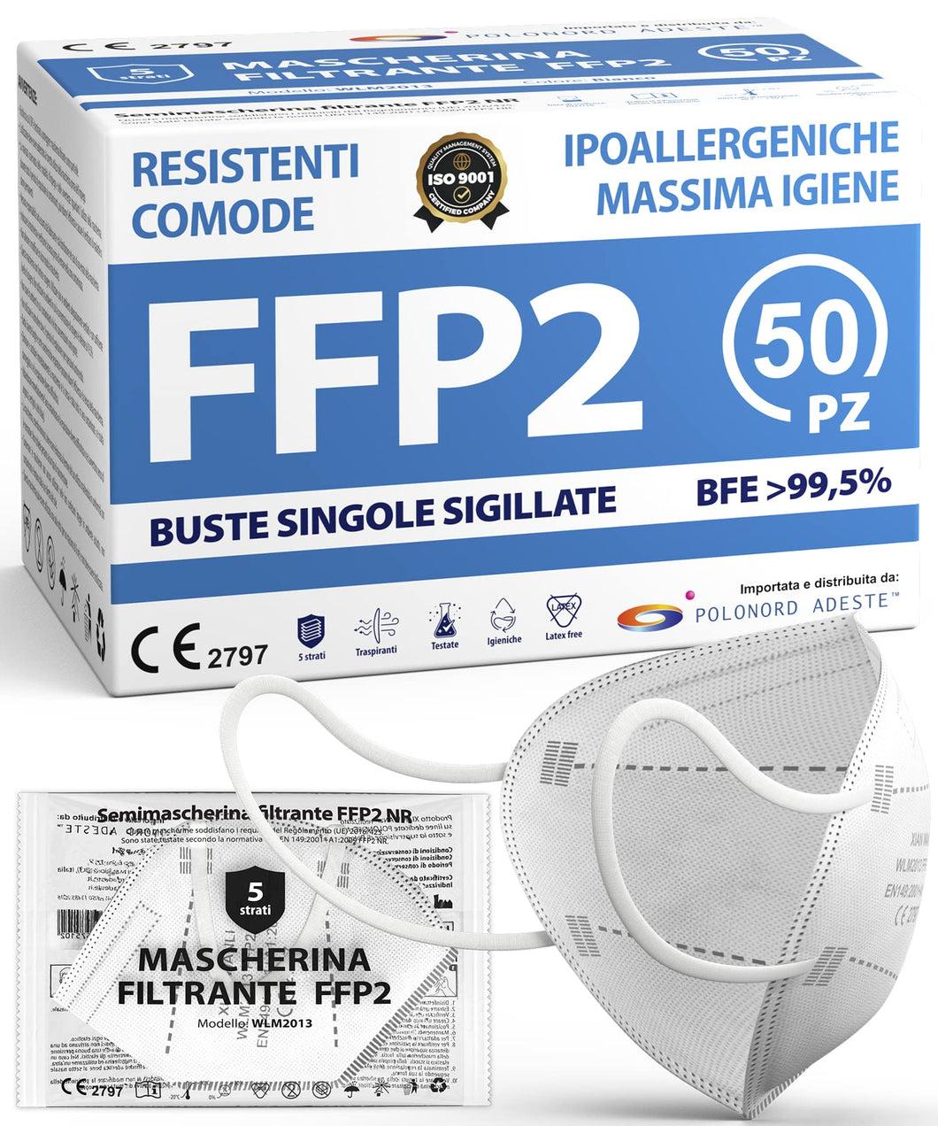 ADESTE - 50 Mascherine FFP2 Bianche Certificate CE, Filiera controllata, anallergiche, con elastici comodi e resistenti. Sicura: capacità filtrante >99,5%, Buste singole sigillate.