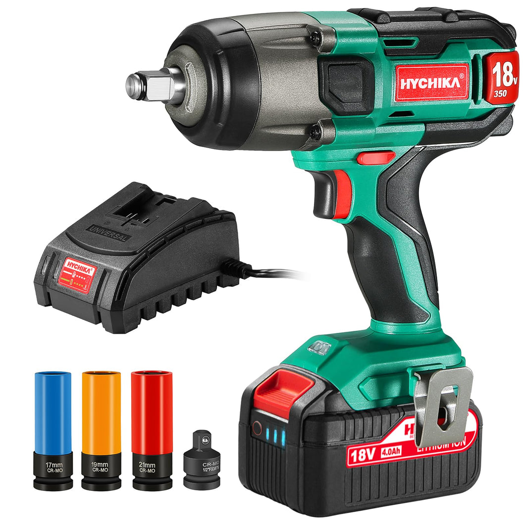 Avvitatore a Impulsi 18V, HYCHIKA 350Nm Avvitatori a Massa Battente 3000 IPM, 4.0Ah Batteria 18V, 3x Chiavi A Bussola per 17/19/21mm, Caricatore, Mandrino 13mm (1/2