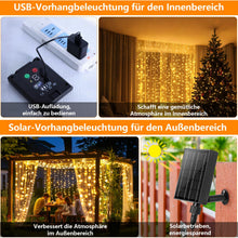 Carica l'immagine nel visualizzatore di Gallery, Holwim Catena di luci a energia solare, 3 x 3 m, 300 LED, IP65, impermeabile, per interni ed esterni, 8 modalità con telecomando, per feste, Natale (bianco caldo solare)