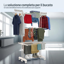 Carica l'immagine nel visualizzatore di Gallery, PORTENTUM Stendino verticale salvaspazio pieghevole con 4 livelli e 24 barre di stenditura – Fino a 40 kg – Stendibiancheria con 2 accessori per calzini e 2 ali laterali – Ruote girevoli con freno
