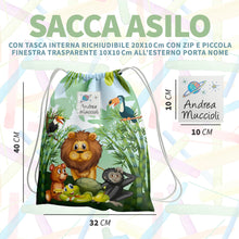 Carica l&#39;immagine nel visualizzatore di Gallery, KAÏDENSÏ Sacca Asilo con Nome Personalizzata Giungla - Zainetto Asilo Nido 32x40 cm con Tasca Interna 20x10 cm - Zaino Asilo Bambino Originale per Bambini Piccoli