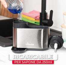 Carica l'immagine nel visualizzatore di Gallery, Vileda Sink Organizer con Dispenser di Sapone in Acciaio Inox - Porta Spugne da Cucina indipendente - Organizer Lavastoviglie con Dispenser di Sapone per Spugne e Spazzole - Durevole e Antiruggine