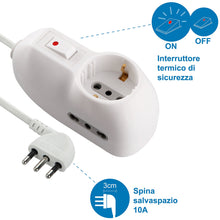 Carica l'immagine nel visualizzatore di Gallery, Electraline 62023 Multipresa Protetta, Cavo da 1 m, 3G0.75, Spina 10 A, Prese 1 Italiana/Tedesca e 2 Bipasso 10/16A, Int