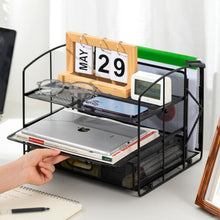 Carica l'immagine nel visualizzatore di Gallery, Amazon Basics Rettangolare Organizer da scrivania con 3 ripiani, cassetto a scorrimento e scomparto per appendere i documenti, Nero