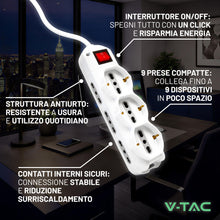 Carica l'immagine nel visualizzatore di Gallery, V-TAC Multipresa Elettrica 9 PRESE con Interruttore e Cavo 1,5mt - 6 Prese Laterali 10/16A Bipasso e 3 Frontali 10/16A B