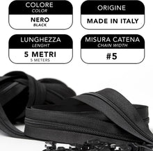 Carica l'immagine nel visualizzatore di Gallery, IPEA Cerniera Lampo Catena Continua misura #5 Nera - [ 5 METRI + 15 CURSORI IN METALLO ] - Made in Italy - Zip Ritagliabile per Cucito, Abbigliamento, Accessori - Larghezza 30 mm - Nero Grigio