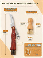 Carica l'immagine nel visualizzatore di Gallery, Coltello per Funghi con Spazzola, Kit 2 Pezzi in Legno di Pero e Zucca Naturale, Lama Curva Affilata per Raccolta Sosten