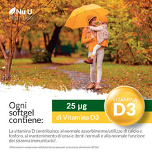 Carica l'immagine nel visualizzatore di Gallery, Vitamina D3 1000UI - 365 Capsule Softgel - 1 Anno di Scorta - Integratore di Vitamina D - Colecalciferolo ad Alta Biodisponibilità - Facili da Deglutire - Nu U Nutrition