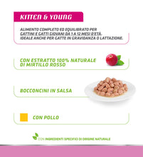 Carica l'immagine nel visualizzatore di Gallery, Natural Trainer Kitten &amp; Young Cibo Umido per Gatti con Pollo 12 buste x 85 g - 1020 gr