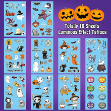 Carica l&#39;immagine nel visualizzatore di Gallery, Leesgel Halloween Decorazioni, 10 Fogli Fluorescenti Tatuaggi per Bambini Scheletro/Strega/Zucche/Fantasma, Adesivi Gadget Festa Compleanno Accessori Party
