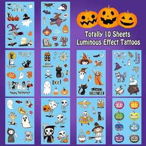 Leesgel Halloween Decorazioni, 10 Fogli Fluorescenti Tatuaggi per Bambini Scheletro/Strega/Zucche/Fantasma, Adesivi Gadget Festa Compleanno Accessori Party