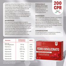 Carica l'immagine nel visualizzatore di Gallery, Ferro Integratore Forte bisglicinato 30 mg per dose | 200 Compresse con Acido Folico e Vitamina B Complex | Alta Assorbi
