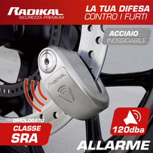 Carica l'immagine nel visualizzatore di Gallery, RADIKAL RK910S Antifurto Moto Blocca Disco Allarme 120 Db Ø10 Doppia Chiusura Omologata Sra, Acciaio Inossidabile