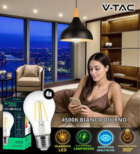 Carica l'immagine nel visualizzatore di Gallery, V-TAC 4x Lampadina LED Filamento attacco E27 - [Alta Efficienza 6W ] - A60-600 Lumen - (Equivalenti a 45W) - Lampadine a