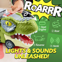 Carica l'immagine nel visualizzatore di Gallery, JOYIN 13 Pcs Dinosaur Toy Car Transporter for Kids, con 12 veicoli dinosauro retrattili, 1 camion trasporto dinosauri giocattolo con musica, suoni, luci, 1 elicottero
