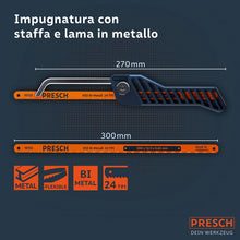 Carica l'immagine nel visualizzatore di Gallery, Presch Mini Seghetto per Metallo flessibile 300mm - a mano 3 in 1 con lama - Impugnatura regolabile - Piccola sega per f