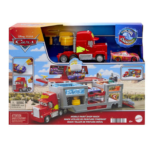Mattel Disney e Pixar Cars, Mack Officina Cambia Colore con cabina di guida rimovibile, playset con truck e macchinina trasformabili, Saetta McQueen e accessori cambia colore, HPD82