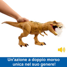 Carica l'immagine nel visualizzatore di Gallery, Mattel Jurassic World - T-Rex Caccia e Divora, dinosauro action figure con azione d'attacco doppio morso, suoni e attrezzatura di tracciamento, giocattolo per bambini, 4+ anni, HNT62