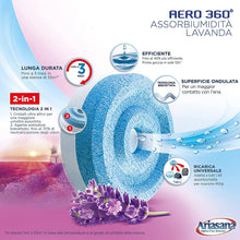 Carica l'immagine nel visualizzatore di Gallery, Ariasana Aero 360° kit assorbiumidità, deumidificatore ricaricabile non elettrico, assorbi umidità contro condensa e muffa, 1 dispositivo e 1 ricarica Tab lavanda da 450g