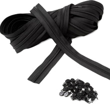Carica l'immagine nel visualizzatore di Gallery, IPEA Cerniera Lampo Catena Continua misura #5 Nera - [ 5 METRI + 15 CURSORI IN METALLO ] - Made in Italy - Zip Ritagliabile per Cucito, Abbigliamento, Accessori - Larghezza 30 mm - Nero Grigio