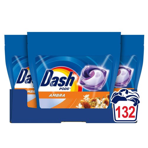 Dash Pods Detersivo Lavatrice In Capsule, 132 Lavaggi (3x44), Ambra, Rimuove Le Macchie, Dona Freschezza, Efficace Anche A Freddo E In Cicli Brevi