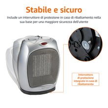 Carica l'immagine nel visualizzatore di Gallery, Amazon Basics Termoventilatore oscillante in ceramica da 1800 Watt con termostato regolabile - Argento