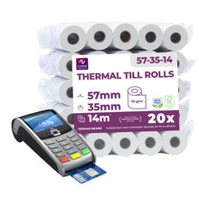 Carica l&#39;immagine nel visualizzatore di Gallery, Rotoli Pos 57mm x 14m x 12mm - Rotolo di carta termica per ricevute bancomat – Rotolini per dispositivi pos 57x35x12 (20 Rotoli)