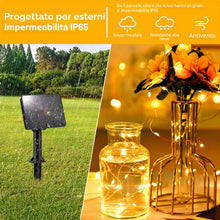 Carica l'immagine nel visualizzatore di Gallery, Catena di luci solari per esterni, 100 LED, 5 m x 2 pezzi, per esterni, resistente alle intemperie, 8 modalità per decor