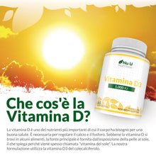 Carica l'immagine nel visualizzatore di Gallery, Vitamina D3 1000UI - 365 Capsule Softgel - 1 Anno di Scorta - Integratore di Vitamina D - Colecalciferolo ad Alta Biodisponibilità - Facili da Deglutire - Nu U Nutrition
