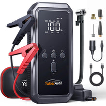 Carica l'immagine nel visualizzatore di Gallery, Avviatore Emergenza per Auto con Compressore 150PSI 8000A 21800mAh, YaberAuto Booster Avviamento Auto/Moto (Tutti Gas/10.0L Diesel), 12V Starter Batteria con Ricarica Rapida 18W,Uscita DC 160W,Torcia