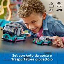 Carica l&#39;immagine nel visualizzatore di Gallery, LEGO City Auto da Corsa e Trasportatore, Macchina e Camion Giocattolo per Bambini e Bambine da 6 Anni, Veicolo da Costruire con Rampa Funzionante, Minifigure del Pilota e del Camionista 60406
