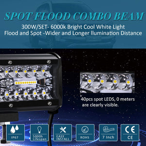 Faro di Profondità da Lavoro Led, 7’’ Cree Barra LED Fuoristrada da 300W 27,000lm Impermeabile IP67 , per Moto Auto ATV SUV Trattore, 6500K, (2 PCS)…