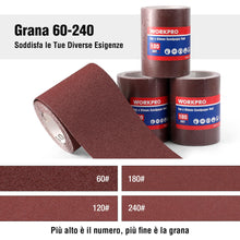 Carica l'immagine nel visualizzatore di Gallery, WORKPRO Rotoli Carta Vetrata Abrasiva 5 m x 93 mm, Set da 4 Pezzi