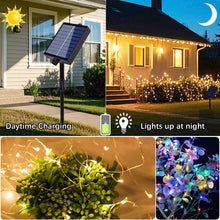 Carica l'immagine nel visualizzatore di Gallery, Catena di luci solari per esterni, 20 m, 200 LED, per esterni, filo di rame, IP65, impermeabile, con telecomando, 8 moda