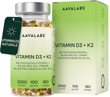 Carica l'immagine nel visualizzatore di Gallery, Vitamina D3 K2 Alto Assorbimento Olio Extravergine d'Oliva - Vitamina D3 2000 UI + Vitamina K2 MK7 100 μg - Vitamina D 2000 UI e Vitamina K - 180 Capsule