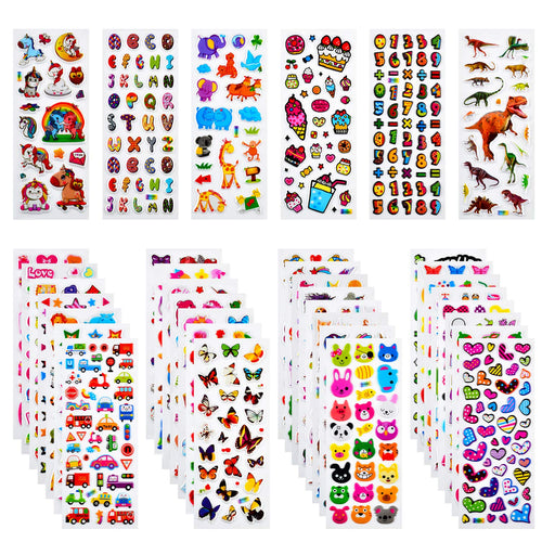Habett Adesivi per Bambini, 920+ Adesivi 3D Stickers per Puffy Adesivi per Regali Gratificanti Scrapbooking Inclusi Camion, Unicorno, Animali, Pesci, Dinosauri, Numeri, Frutta e Altro (36 Fogli)