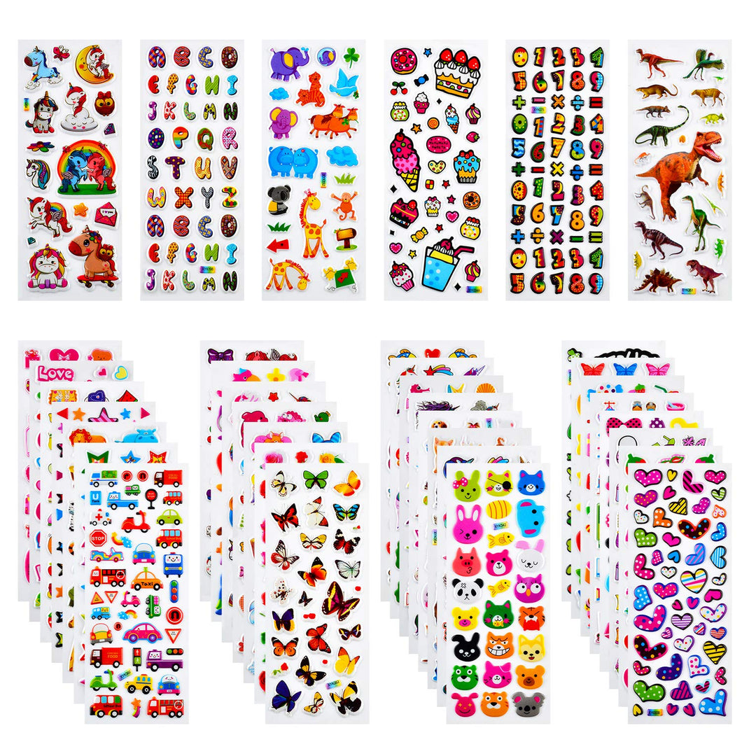 Habett Adesivi per Bambini, 920+ Adesivi 3D Stickers per Puffy Adesivi per Regali Gratificanti Scrapbooking Inclusi Camion, Unicorno, Animali, Pesci, Dinosauri, Numeri, Frutta e Altro (36 Fogli)