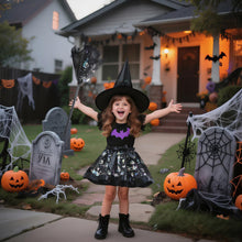 Carica l'immagine nel visualizzatore di Gallery, Vestito Halloween Bambina Gonna Tulle Nero,Vestito Strega Bambina Con Cappello Strega E Scopa,Costumi Halloween Bambini 