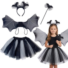 Carica l'immagine nel visualizzatore di Gallery, Costume da pipistrello di Halloween per bambini, 4 pezzi, con cerchietto, ali e tutù, ideale per bambine da 3 a 10 anni,